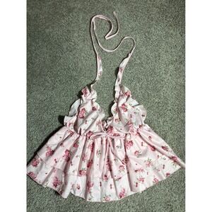 Shein Pink Floral Ruffle Halter Top Satin Tiered Babydoll Rose Print Small
